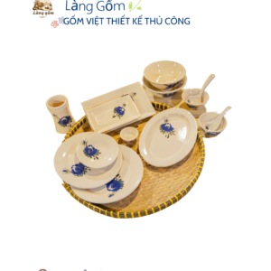 Bộ Đồ Ăn Gốm Men Trắng Vẽ Nét Xanh