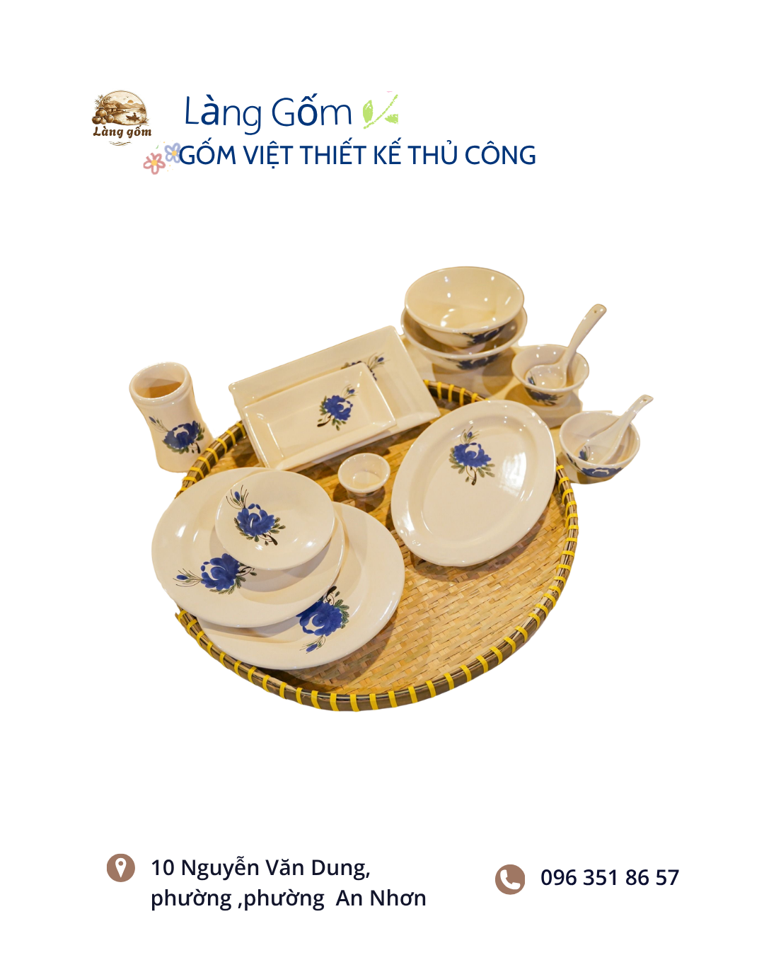 Bộ Đồ Ăn Gốm Men Trắng Vẽ Nét Xanh